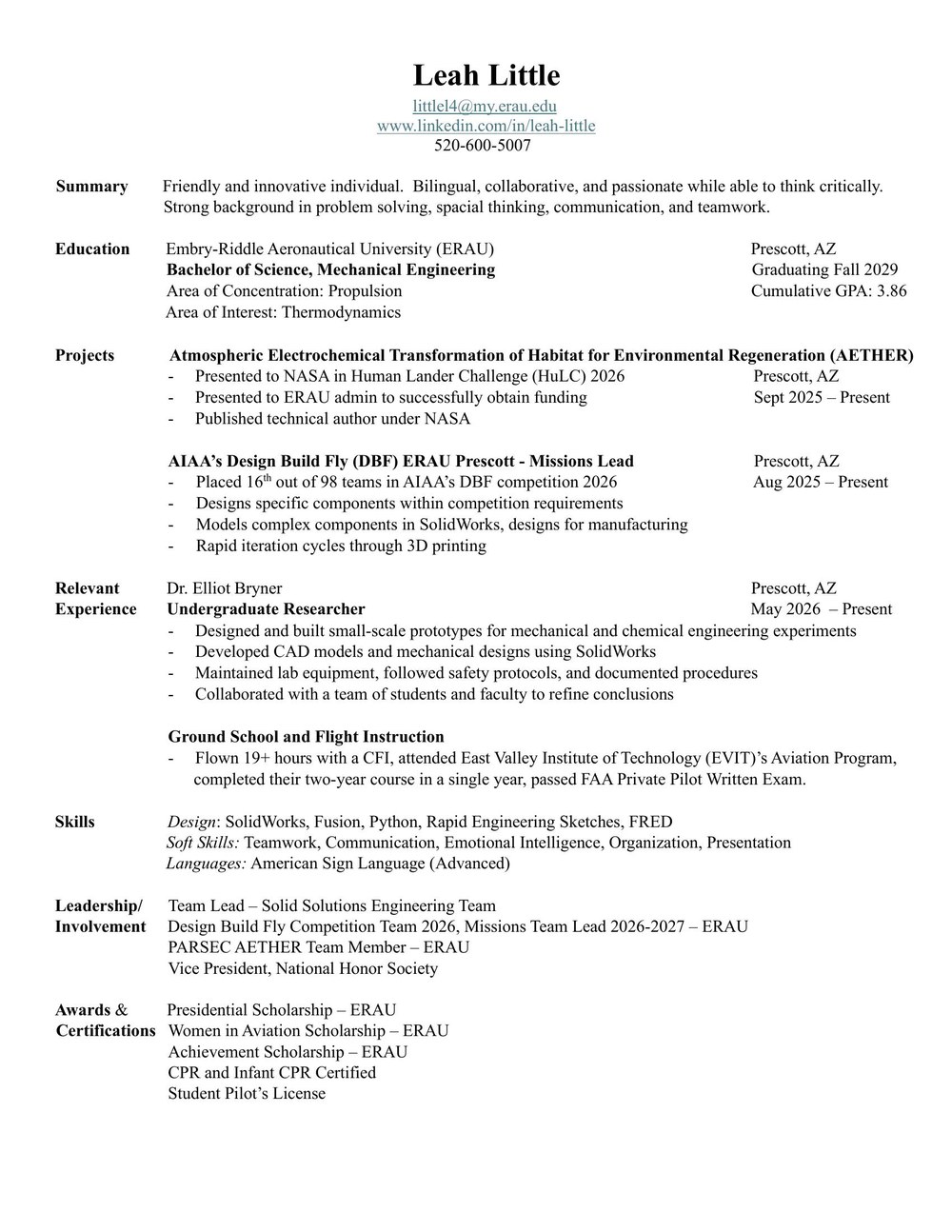 Leah Little's resume, page 1